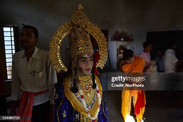 An Indian artist,dressed as Hindu God Ram,prepares for traditional Ramleela,a play narrating the life of Hindu God Ram,ahead of Dussehra festival,in...