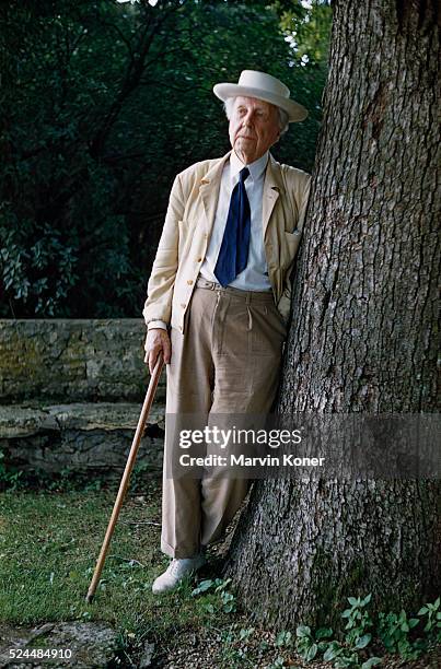American architect Frank Lloyd Wright , supported with a walking stick, as he stands beside a tree, circa 1950.