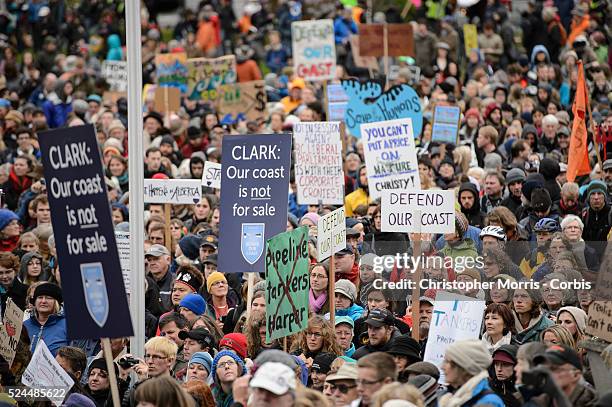 Protestors demonstrating against the proposed XL-Northern Gateway pipeline project, at the British Columbia Legislature building in Victoria. The...