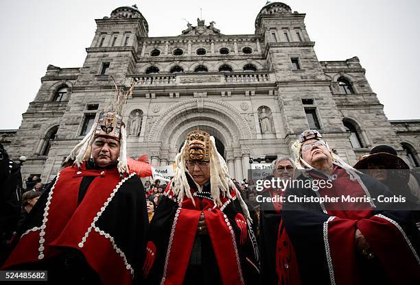 Protestors demonstrating against the proposed XL-Northern Gateway pipeline project, at the British Columbia Legislature building in Victoria. The...