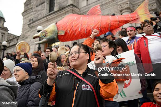 Protestors demonstrating against the proposed XL-Northern Gateway pipeline project, at the British Columbia Legislature building in Victoria. The...