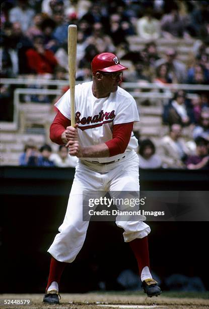 First baseman Frank Howard of the Washington Senators steps into a pitch during a game in April, 1971 at RFK Stadioum in Washington, D.C.