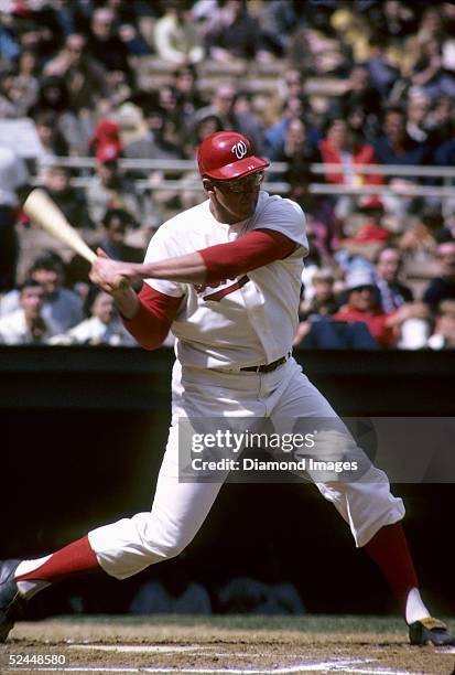 First baseman Frank Howard of the Washington Senators swings at the pitch during a game in April 1971 at RFK Stadioum in Washington, D.C.