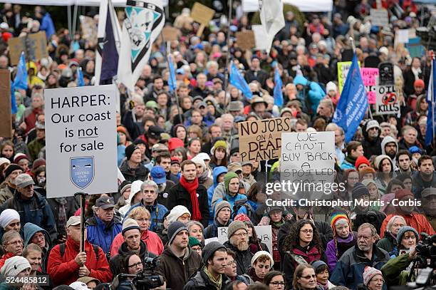 Protestors demonstrating against the proposed XL-Northern Gateway pipeline project, at the British Columbia Legislature building in Victoria. The...