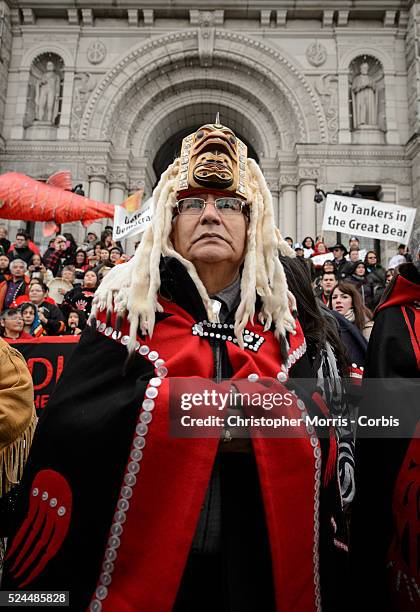 Protestors demonstrating against the proposed XL-Northern Gateway pipeline project, at the British Columbia Legislature building in Victoria. The...