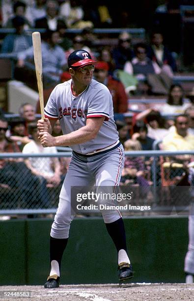 Frank Howard of the Texas Rangers steps into the swing during 1972 MLB season game.