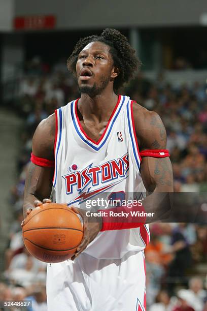 Ben Wallace of the Detroit Pistons shoots a free throw against the Sacramento Kings during the game at Arco Arena on March 6, 2005 in Sacramento,...