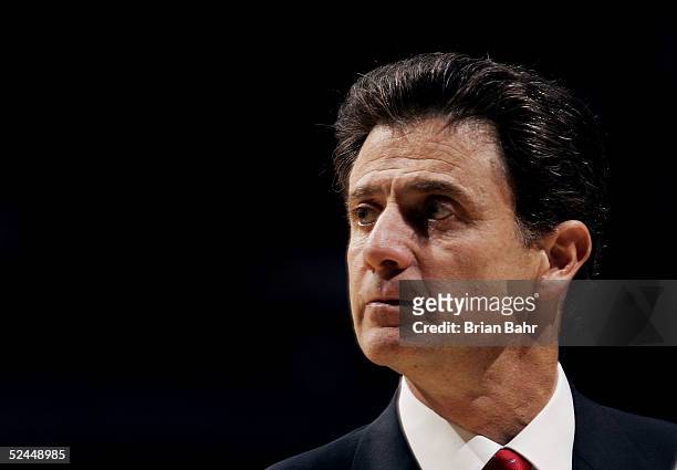 Head coach Rick Pitino of the Louisville Cardinals watches from the sidelines as his team takes on the Louisiana-Lafayette Ragin' Cajuns in the first...