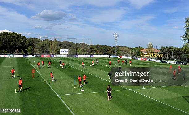General view as the Atletico Madrid players warm up during a training session ahead of the UEFA Champions League Semi-Final First Leg between Club...