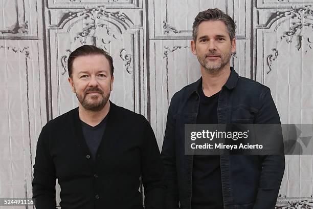 Actors Ricky Gervais and Eric Bana discuss their new film "Special Correspondents" at AOL Studios in New York on April 26, 2016 in New York City.