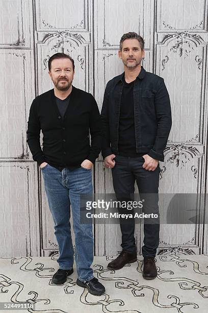 Actors Ricky Gervais and Eric Bana discuss their new film "Special Correspondents" at AOL Studios in New York on April 26, 2016 in New York City.