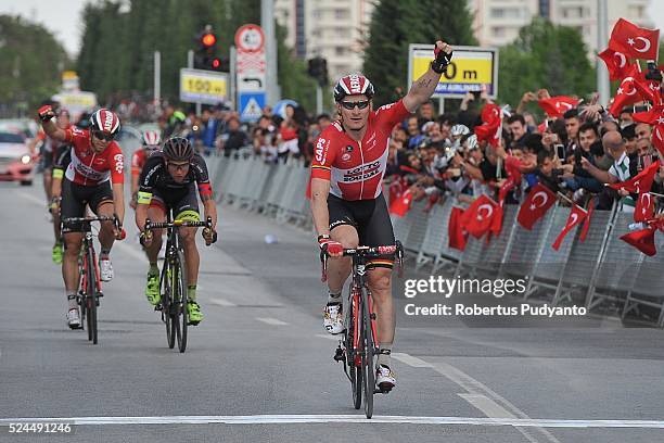 Andre Greipel of Lotto Soudal Belgium reacts after winning Stage 3 of the 2016 Tour of Turkey, Aksaray to Konya on April 26, 2016 in Aksaray, Turkey.