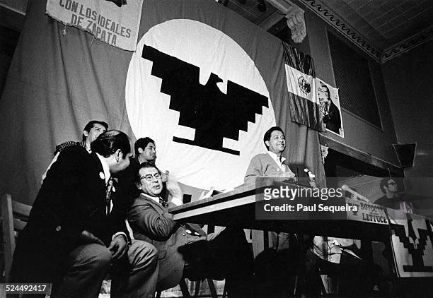 American labor leader and civil rights activist, Cesar Chavez speaks to a crowd at a rally in support of the United Farm Workers’ lettuce boycott in...
