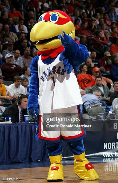 The Kansas Jayhawks mascot points in the first half of the game against the Bucknell Bison in the first round of the NCAA Men's Basketball...