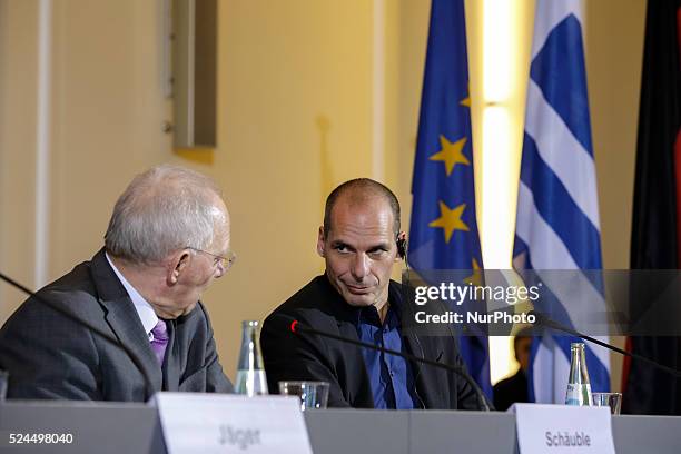 Wolfgang Sch��uble , German Minister of Finance, and Yanis Varoufakis, Greek Minister of Finance during press conference after bilateral meeting...