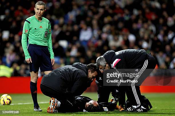 Sevilla FCs Portuguese goalkeeper player Alberto Bastos &quot;Beto&quot; is injured during the Spanish League 2014/15 match between Real Madrid and...