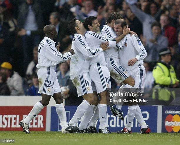 May 15: Real Madrid celebrate with Zinedine Zidane after he scored their second goal during the UEFA Champions League Final between Real Madrid and...