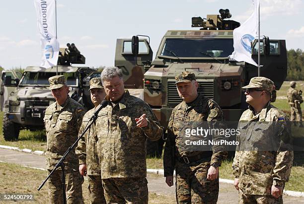 Ukrainian president Petro Poroshenko during a press-conference after a visit to a military training ground &quot;Desna&quot;, where he got acquainted...