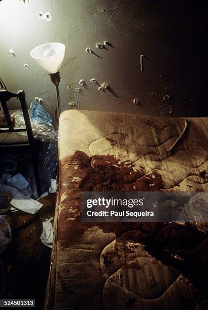 View of the bedroom after the Chicago police raid and shooting which resulted in the death of Black Panther Party leader Fred Hampton, Chicago,...