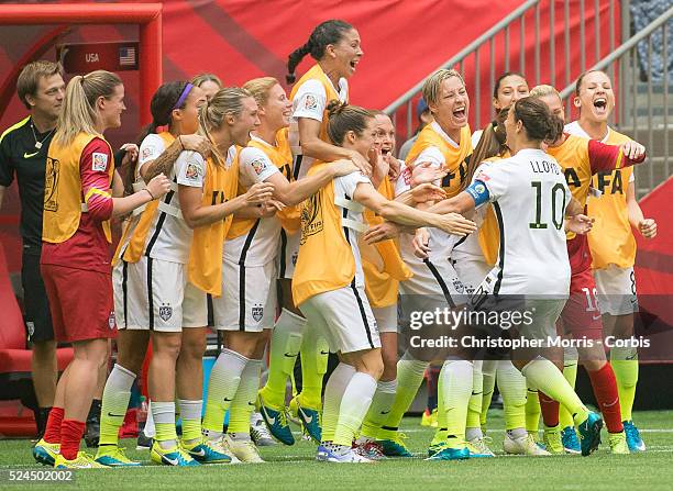 Carli Lloyd of team USA celebrates with her team-mates after her second goal during 2015 women's World Cup Soccer in Vancouver during the final...