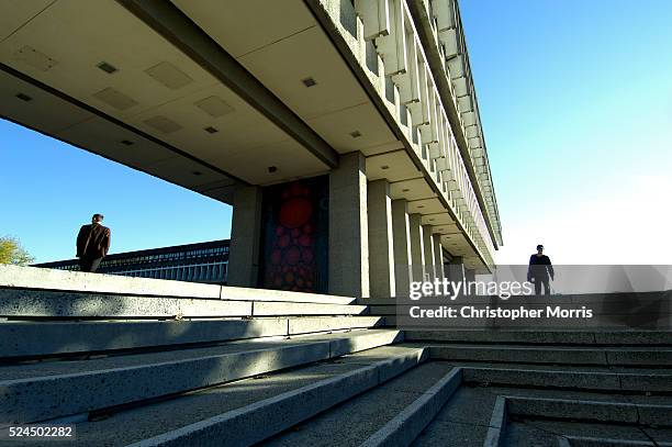 The academic quadrangle on the campus of Simon Fraser University in Vancouver, British Columbia. Many of the buildings on the campus were designed in...