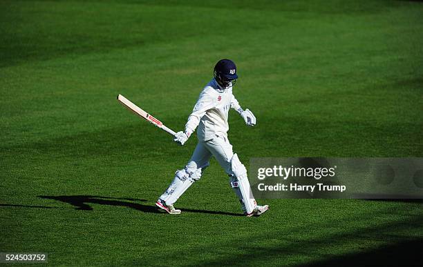 Gareth Roderick of Gloucestershire walks off after being dismissed during Day Three of the Specsavers County Championship match between...