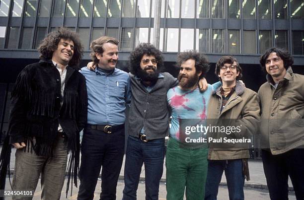 Portrait of Chicago Seven members, left to right, Abbie Hoffman, John Froines, Lee Weiner, Jerry Rubin, Rennie Davis, and Tom Hayden, outside the...