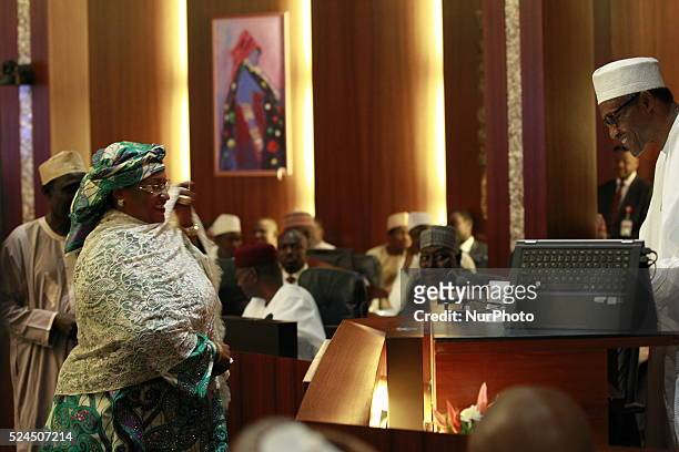 Aisha Alhassan new women affairs minister seen during the swearing in ceremony in Abuja 11 Nov. 2015