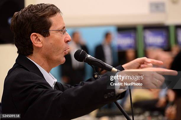 Isaac Herzog, leader of Hamahane Hatzioni Party, speaks to supporters during an elections campaign meeting on January 18 in Kfar Haim. &quot;Hamahane...