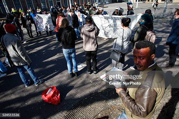 Asylum seekers who have been refused permits to stay in The Netherlands protested for the second day in a row in the Dutch capital on April 17, 2015....