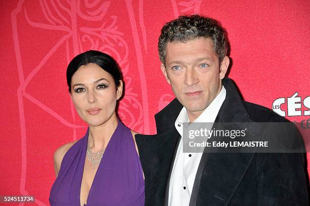 Monica Bellucci and her husband Vincent Cassel arrive at the 34th Cesar Awards ceremony, held at the Chatelet Theater in Paris.