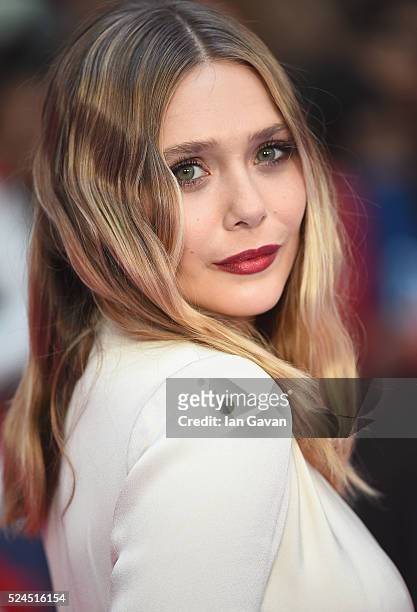 Elizabeth Olsen arrives for UK film premiere "Captain America: Civil War" at Vue Westfield on April 26, 2016 in London, England