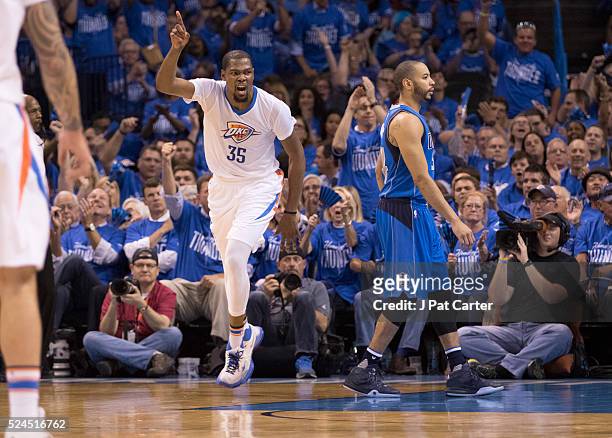 Kevin Durant of the Oklahoma City Thunder celebrates after scoring against the Dallas Mavericks during Game Five of the Western Conference...