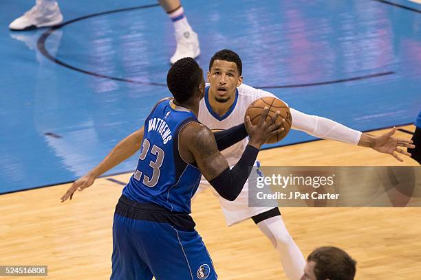 Andre Roberson of the Oklahoma City Thunder blocks Wesley Matthews of the Dallas Mavericks during Game Five of the Western Conference Quarterfinals...