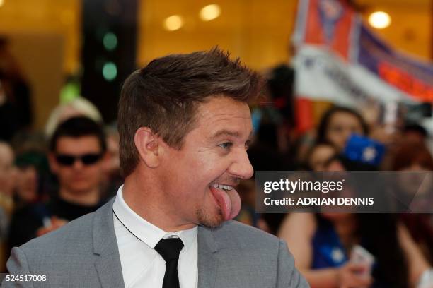 Actor Jeremy Renner poses on the red carpet arriving for the European Premiere of the film Captain America: Civil War in London on April 26, 2016