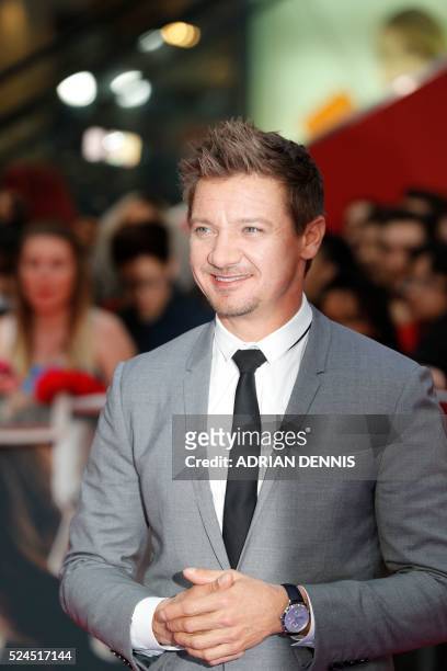 Actor Jeremy Renner poses on the red carpet arriving for the European Premiere of the film Captain America: Civil War in London on April 26, 2016.