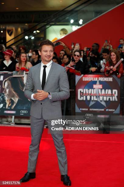 Actor Jeremy Renner poses on the red carpet arriving for the European Premiere of the film Captain America: Civil War in London on April 26, 2016.