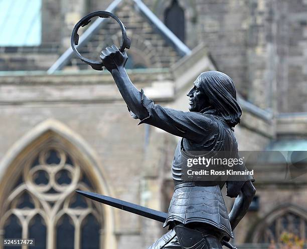 The statue of King Richard III whos remains are reinterred at Leicester Cathedrall. General views in and around Leicester on April 26, 2016 in...
