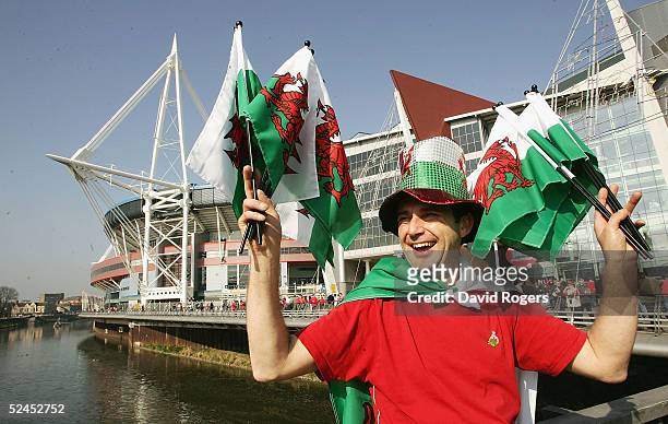 Welsh fans enjoy the atmosphere prior to the RBS Six Nations International between Wales and Ireland at The Millennium Stadium on March 19, 2005 in...