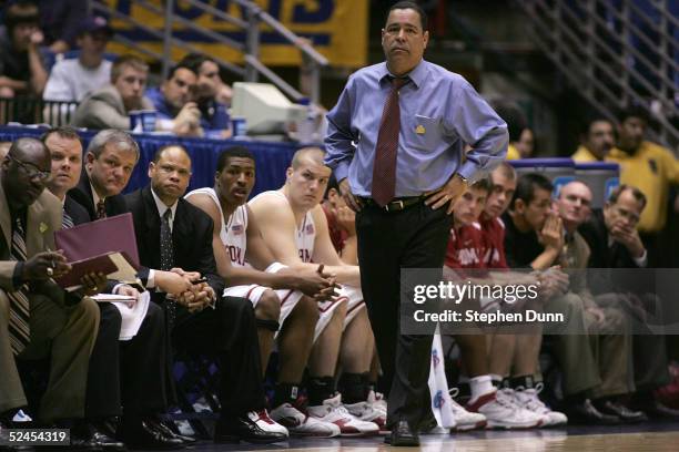 Head coach Kelvin Sampson of the Oklahoma Sooners walks the sidelines late in second half of the second round of the NCAA Men's Basketball...