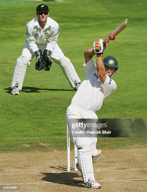 Adam Gilchrist of Australia hits a four during day three of the 2nd Test between New Zealand and Australia played at the Basin Reserve on March 20,...