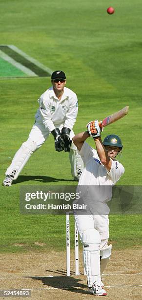 Adam Gilchrist of Australia hits a four during day three of the 2nd Test between New Zealand and Australia played at the Basin Reserve on March 20,...