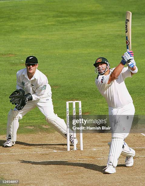 Shane Warne of Australia hits a four during day three of the 2nd Test between New Zealand and Australia played at the Basin Reserve on March 20, 2005...