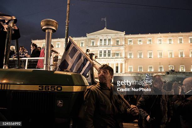 Farmersrally in front of the Parliament building at Syntagma Square during a protest against pension reform. Greek farmers from across the country...