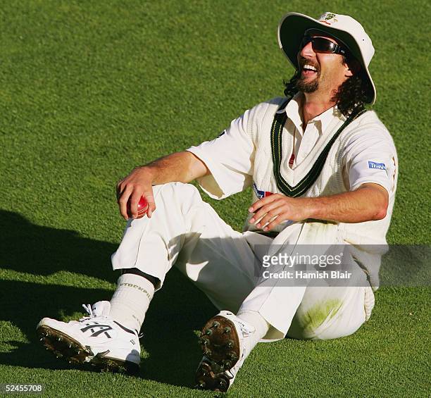 Jason Gillespie of Australia laughs after catching Hamish Marshall of New Zealand during day three of the 2nd Test between New Zealand and Australia...
