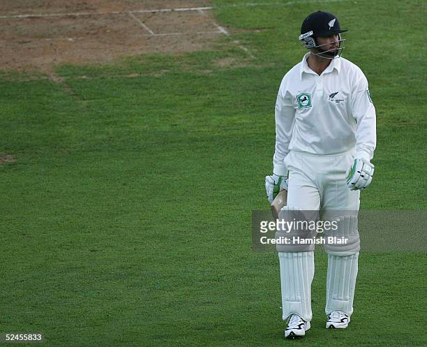Nathan Astle of New Zealand leaves the field after being dismissed during day three of the 2nd Test between New Zealand and Australia played at the...