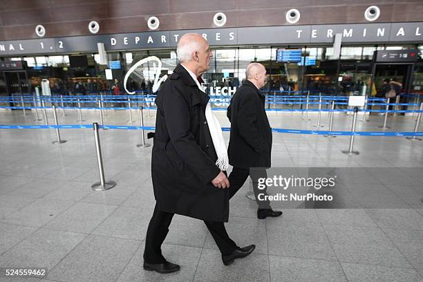 Gdansk, Poland 20th, March 2015 Lech Walesa Airport in Gdansk. Far right politician and candidate for President of Poland Janusz Korwin Mikke press...