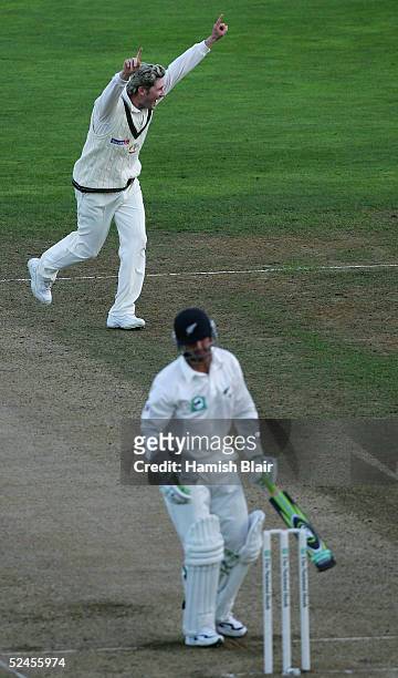 Michael Clarke of Australia takes the wicket of Nathan Astle of New Zealand during day three of the 2nd Test between New Zealand and Australia played...