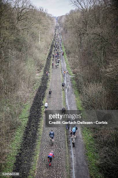 Atmosphere and overview shot over the Trou��e d' Arenberg cobbles section 18 in France, Saturday April 11th 2015, during the 113th edition of...