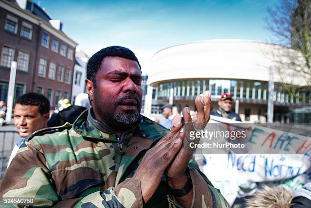 Asylum seekers who have been refused permits to stay in The Netherlands protested for the second day in a row in the Dutch capital on April 17, 2015....